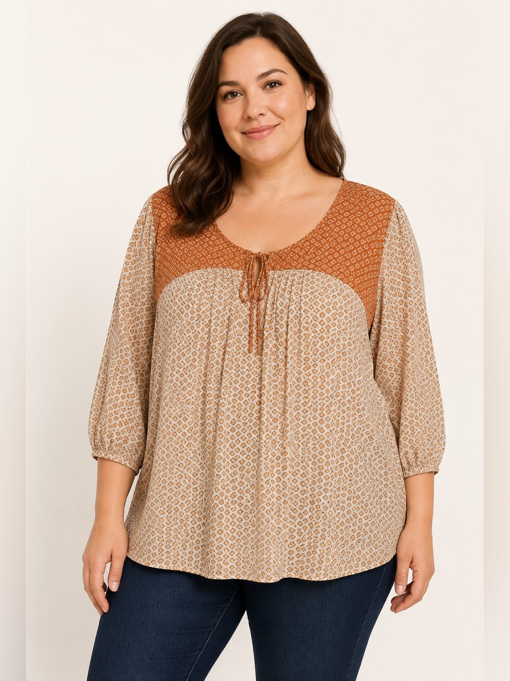 🩷. 911. Title: Antilia Femme Rust & Cream Boho Peasant Blouse – Size XL